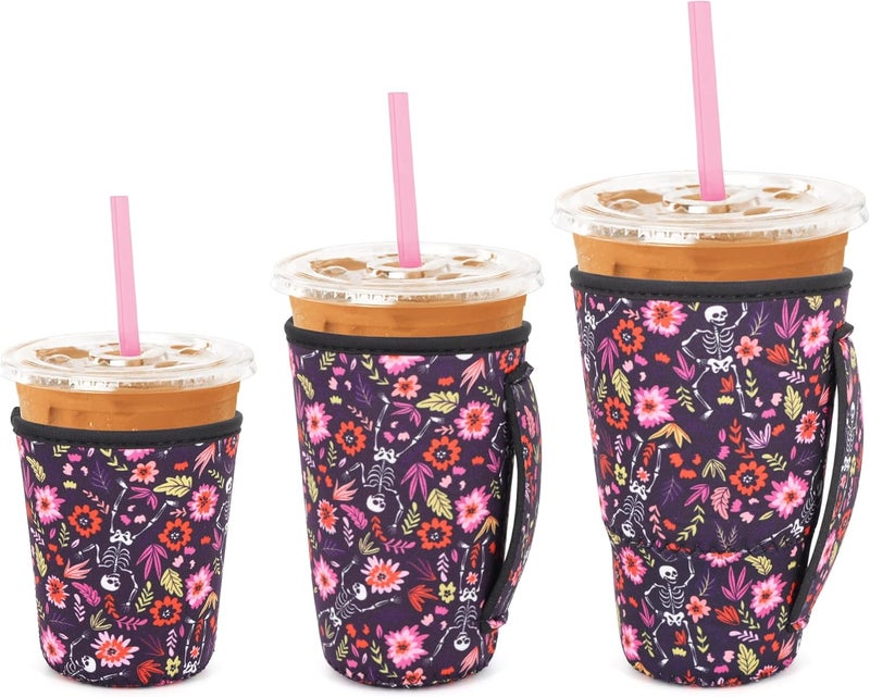 Snowso 3 Pack Iced Coffee sleeve Insulated Neoprene Cup Sleeves with handle For Cold Drinks Beverages, Reusable Cup Holder for 16oz-32oz Coffee Cups (Skeletons Floral) - Image 1